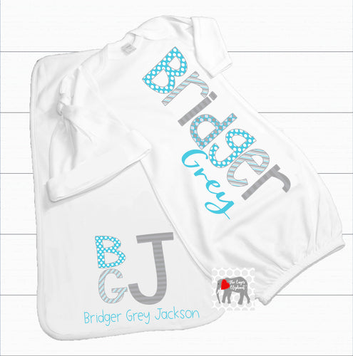 100% Polyester Dye-Pressed Gown,Knotted Hat, and Burp Cloth Set